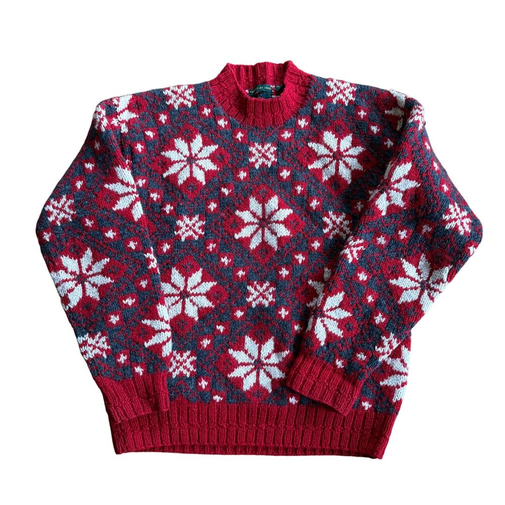 Club Room Knit By Hand Wool Sweater SZ XL Red Gray White Cozy Chunky